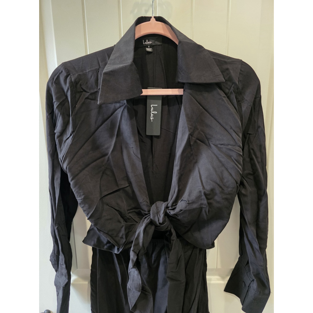 Lulu's Long Story Shirt Black Long Sleeve Tie-Front Midi Dress Size Small NWT$59 - Picture 5 of 8